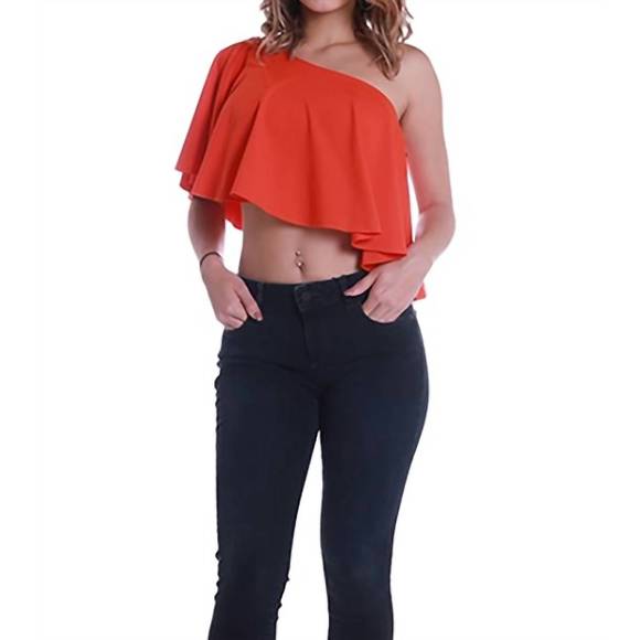 NEW SUSANA MONACO karina one shoulder ruffle crop top in sunset - Picture 1 of 3